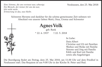 Traueranzeige von Agnes Volk von Eßlinger Zeitung/Cannstatter Zeitung