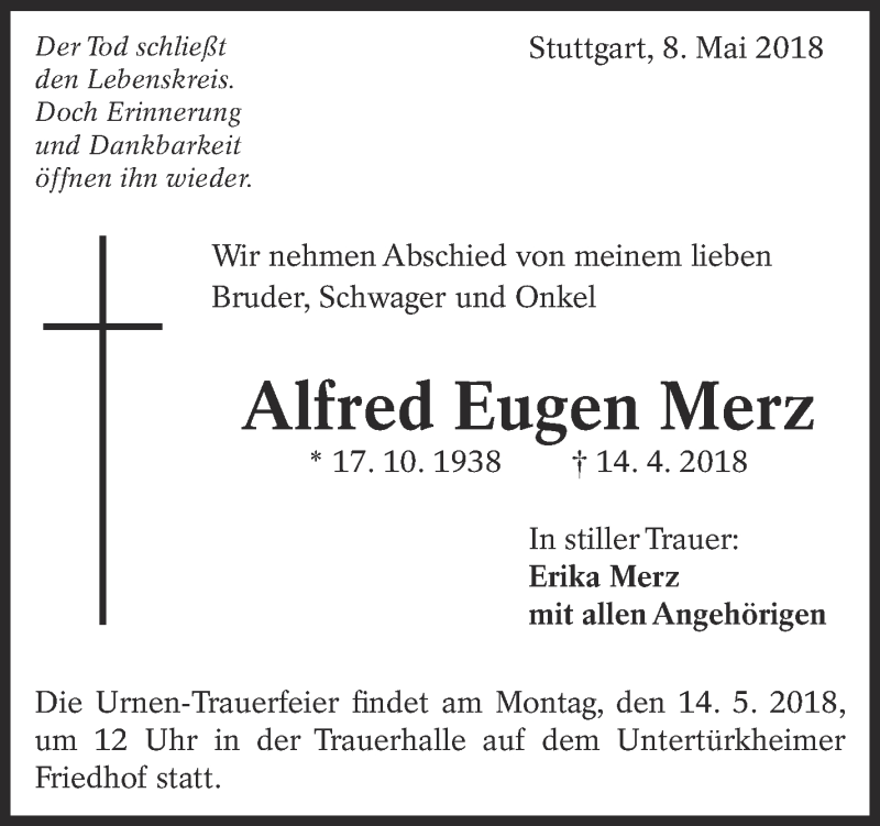  Traueranzeige für Alfred Eugen Merz vom 08.05.2018 aus Eßlinger Zeitung/Cannstatter Zeitung