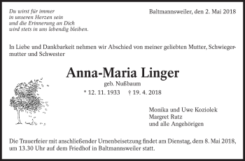 Traueranzeige von Anna-Maria Linger von Eßlinger Zeitung/Cannstatter Zeitung