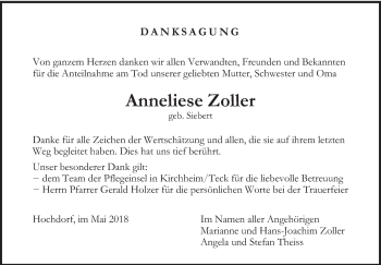 Traueranzeige von Anneliese Zoller von Eßlinger Zeitung/Cannstatter Zeitung