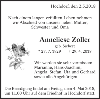 Traueranzeige von Anneliese Zoller von Eßlinger Zeitung/Cannstatter Zeitung