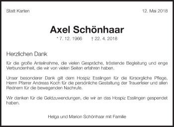 Traueranzeige von Axel Schönhaar von Eßlinger Zeitung/Cannstatter Zeitung