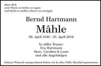 Traueranzeige von Bernd Hartmann von Eßlinger Zeitung/Cannstatter Zeitung