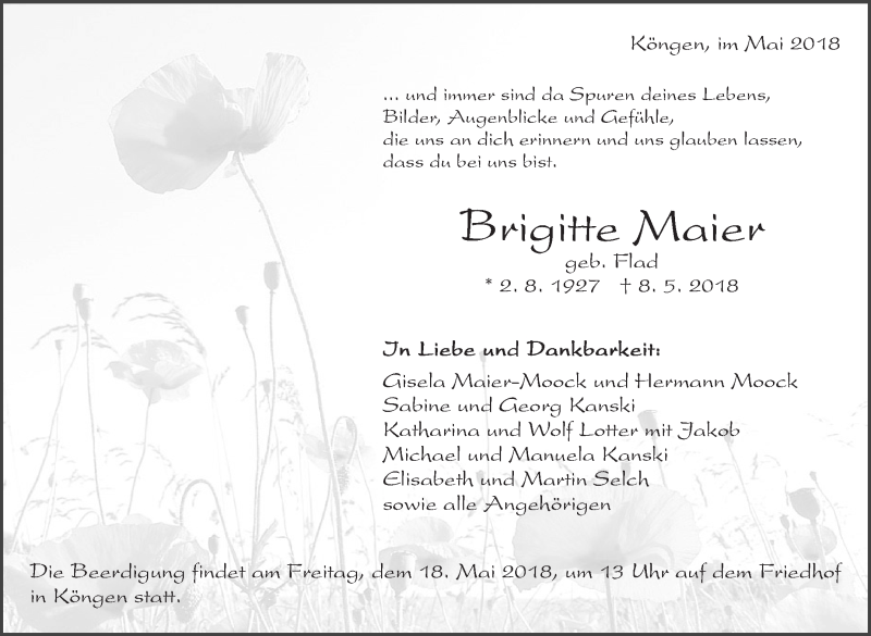  Traueranzeige für Brigitte Maier vom 12.05.2018 aus Eßlinger Zeitung/Cannstatter Zeitung
