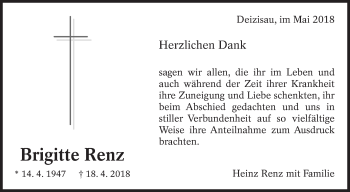Traueranzeige von Brigitte Renz von Eßlinger Zeitung/Cannstatter Zeitung