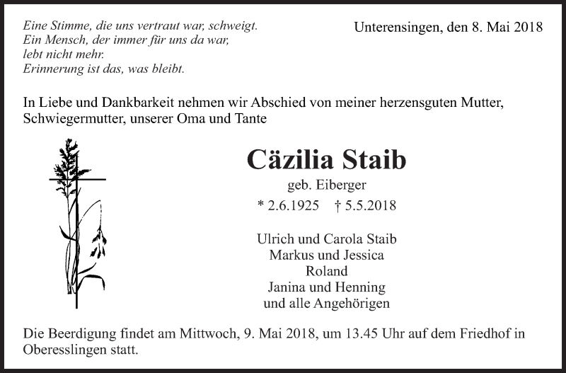  Traueranzeige für Cäzilia Staib vom 08.05.2018 aus Eßlinger Zeitung/Cannstatter Zeitung