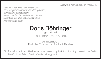 Traueranzeige von Doris Böhringer von Eßlinger Zeitung/Cannstatter Zeitung