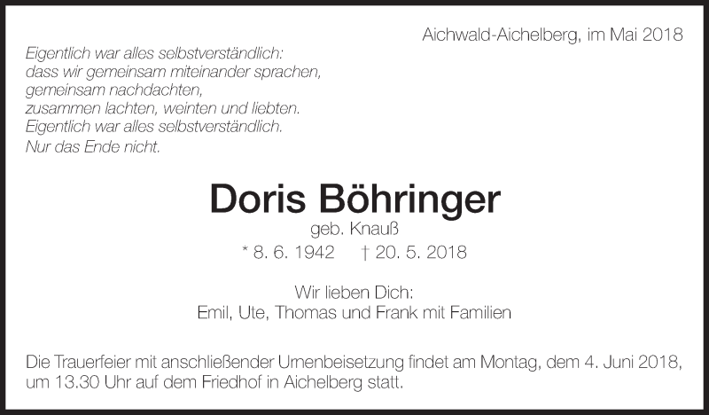  Traueranzeige für Doris Böhringer vom 30.05.2018 aus Eßlinger Zeitung/Cannstatter Zeitung