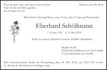 Traueranzeige von Eberhard Schöllmann von Eßlinger Zeitung/Cannstatter Zeitung