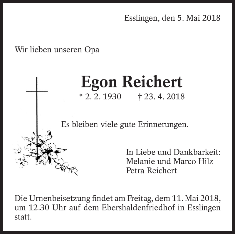  Traueranzeige für Egon Reichert vom 05.05.2018 aus Eßlinger Zeitung/Cannstatter Zeitung
