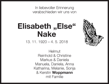 Traueranzeige von Elisabeth Nake von Eßlinger Zeitung/Cannstatter Zeitung