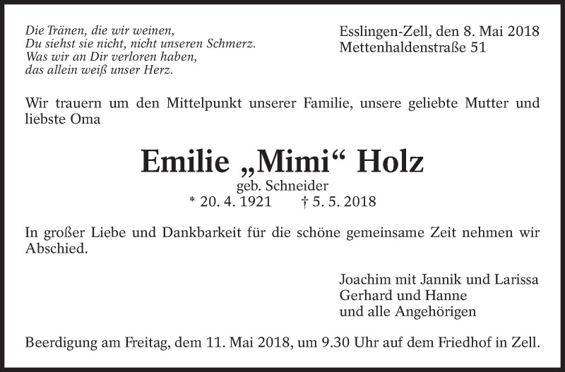  Traueranzeige für Emilie Holz vom 08.05.2018 aus Eßlinger Zeitung/Cannstatter Zeitung