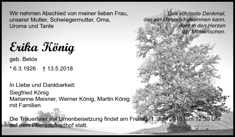  Traueranzeige für Erika König vom 25.05.2018 aus Eßlinger Zeitung/Cannstatter Zeitung