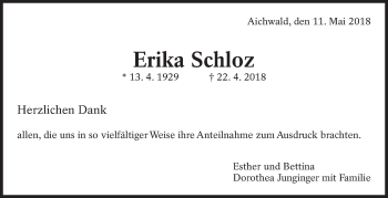 Traueranzeige von Erika Schloz von Eßlinger Zeitung/Cannstatter Zeitung