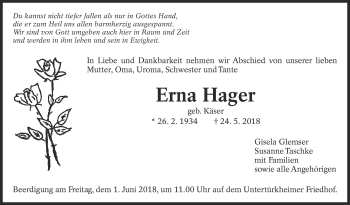 Traueranzeige von Erna Hager von Eßlinger Zeitung/Cannstatter Zeitung