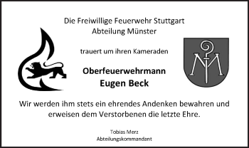 Traueranzeige von Eugen Beck von Eßlinger Zeitung/Cannstatter Zeitung