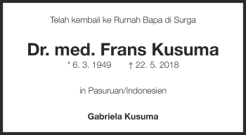 Traueranzeige von Frans Kusuma von Eßlinger Zeitung/Cannstatter Zeitung