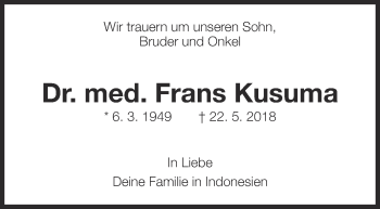 Traueranzeige von Frans Kusuma von Eßlinger Zeitung/Cannstatter Zeitung
