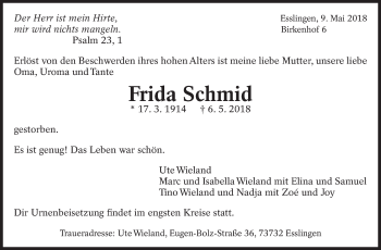 Traueranzeige von Frida Schmid von Eßlinger Zeitung/Cannstatter Zeitung