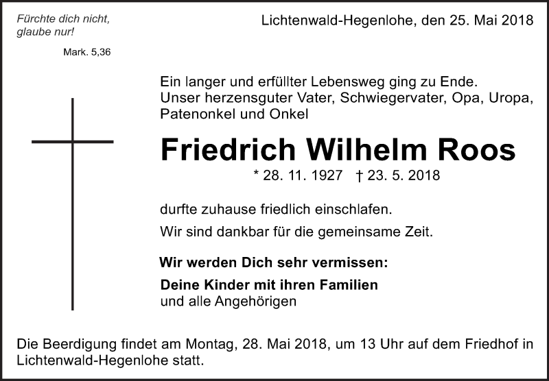  Traueranzeige für Friedrich Wilhelm Roos vom 25.05.2018 aus Eßlinger Zeitung/Cannstatter Zeitung