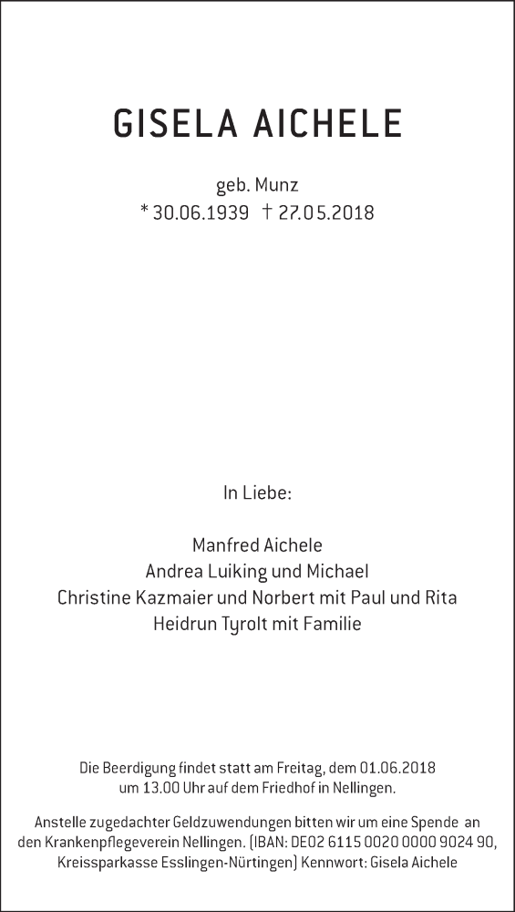  Traueranzeige für Gisela Aichele vom 29.05.2018 aus Eßlinger Zeitung/Cannstatter Zeitung