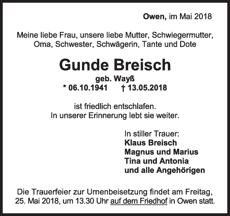  Traueranzeige für Gunde Breisch vom 22.05.2018 aus Eßlinger Zeitung/Cannstatter Zeitung