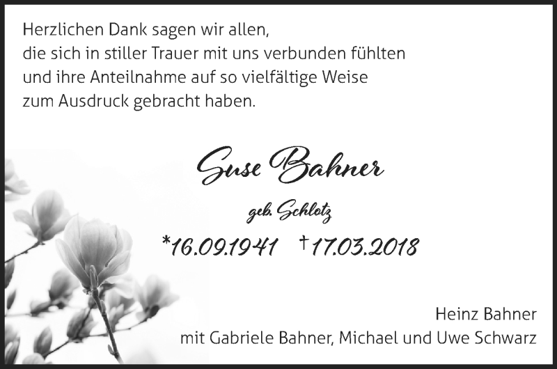  Traueranzeige für Guse Bahner vom 09.05.2018 aus Eßlinger Zeitung/Cannstatter Zeitung