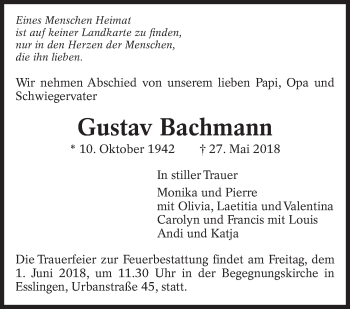 Traueranzeige von Gustav Bachmann von Eßlinger Zeitung/Cannstatter Zeitung