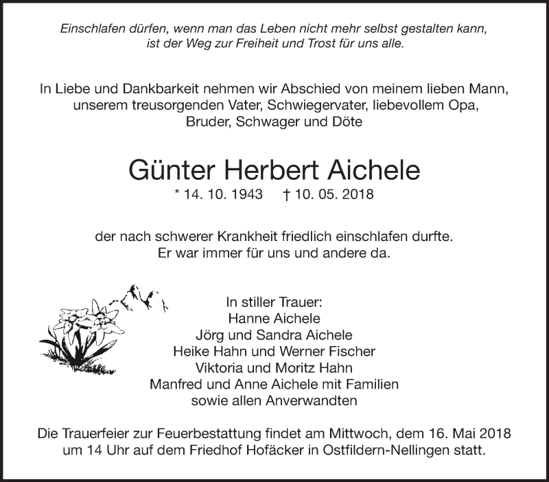  Traueranzeige für Günter Herbert Aichele vom 12.05.2018 aus Eßlinger Zeitung/Cannstatter Zeitung