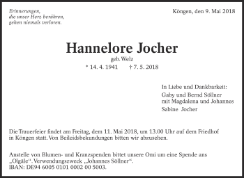 Traueranzeige von Hannelore Jocher von Eßlinger Zeitung/Cannstatter Zeitung