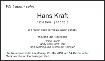 Traueranzeige von Hans Kraft von Eßlinger Zeitung/Cannstatter Zeitung