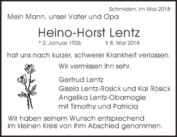 Traueranzeige von Heino-Horst Lentz von Eßlinger Zeitung/Cannstatter Zeitung