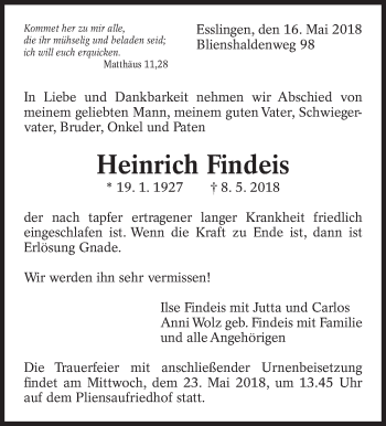 Traueranzeige von Heinrich Findeis von Eßlinger Zeitung/Cannstatter Zeitung