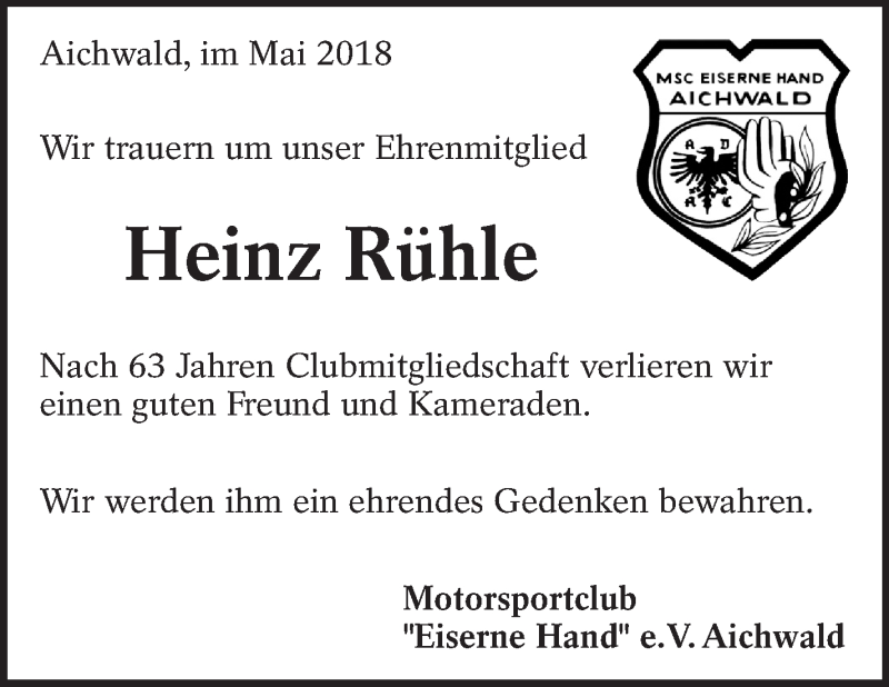  Traueranzeige für Heinz Rühle vom 17.05.2018 aus Eßlinger Zeitung/Cannstatter Zeitung