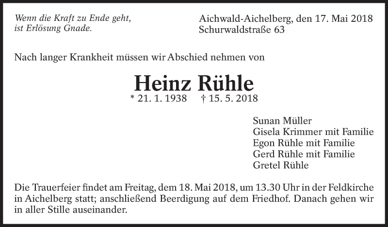  Traueranzeige für Heinz Rühle vom 17.05.2018 aus Eßlinger Zeitung/Cannstatter Zeitung