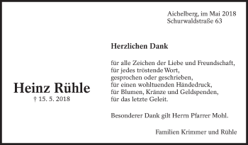 Traueranzeige von Heinz Rühle von Eßlinger Zeitung/Cannstatter Zeitung