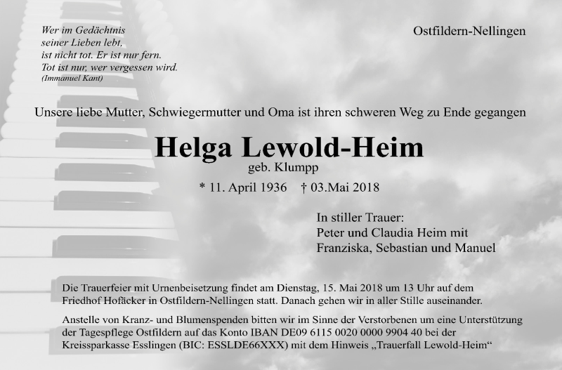  Traueranzeige für Helga Lewold-Heim vom 05.05.2018 aus Eßlinger Zeitung/Cannstatter Zeitung