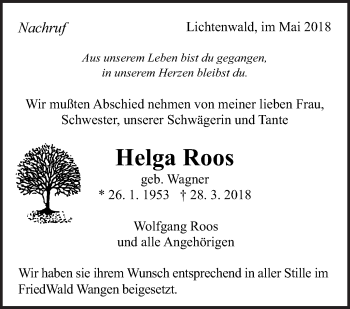 Traueranzeige von Helga Roos von Eßlinger Zeitung/Cannstatter Zeitung