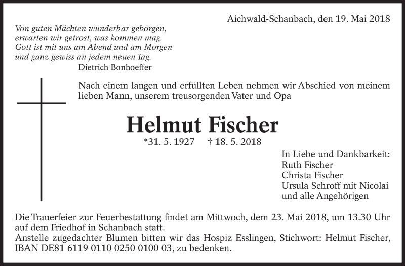  Traueranzeige für Helmut Fischer vom 19.05.2018 aus Eßlinger Zeitung/Cannstatter Zeitung