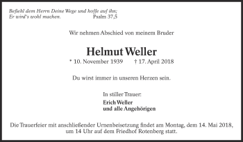 Traueranzeige von Helmut Weller von Eßlinger Zeitung/Cannstatter Zeitung