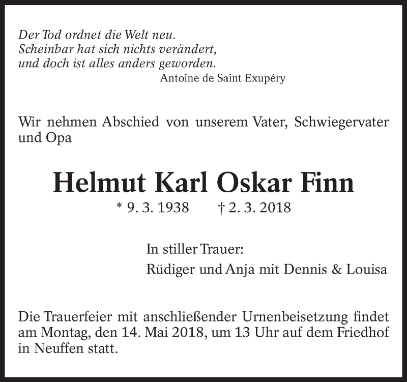  Traueranzeige für Helmut Karl Oskar Finn vom 05.05.2018 aus Eßlinger Zeitung/Cannstatter Zeitung