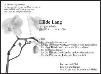 Traueranzeige von Hilde Lang von Eßlinger Zeitung/Cannstatter Zeitung