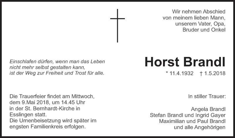  Traueranzeige für Horst Brandl vom 05.05.2018 aus Eßlinger Zeitung/Cannstatter Zeitung
