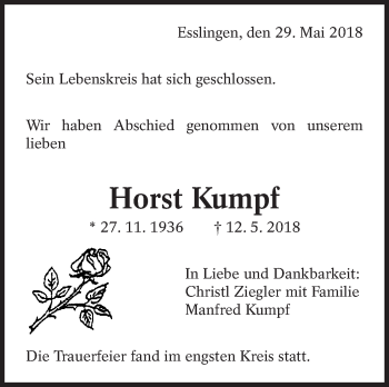 Traueranzeige von Horst Kumpf von Eßlinger Zeitung/Cannstatter Zeitung