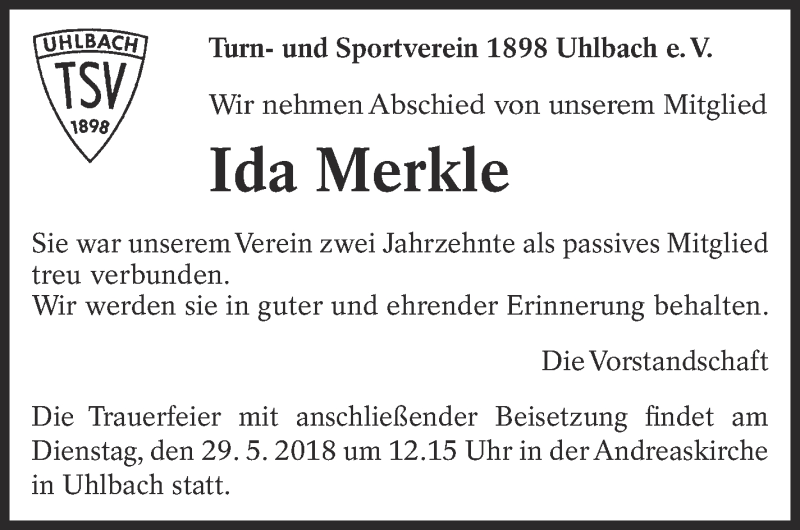 Traueranzeige für Ida Merkle vom 26.05.2018 aus Eßlinger Zeitung/Cannstatter Zeitung