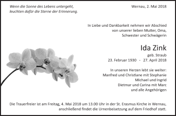 Traueranzeige von Ida Zink von Eßlinger Zeitung/Cannstatter Zeitung