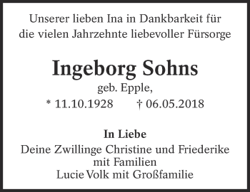 Traueranzeige von Ingeborg Sohns von Eßlinger Zeitung/Cannstatter Zeitung