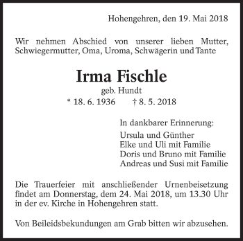 Traueranzeige von Irma Fischle von Eßlinger Zeitung/Cannstatter Zeitung