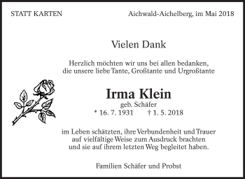 Traueranzeige von Irma Klein von Eßlinger Zeitung/Cannstatter Zeitung