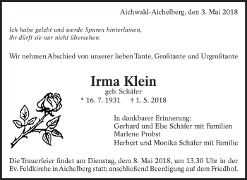 Traueranzeige von Irma Klein von Eßlinger Zeitung/Cannstatter Zeitung